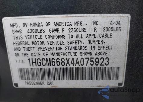 2004 Honda Accord 3.0 Ex from USA, damaged, VIN 1HGCM668X4A075923